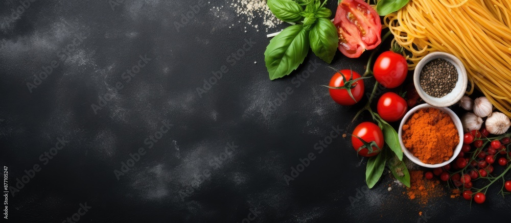 Poster different types of spaghetti with pesto, tomato, and carbonara sauces arranged on a blackboard with 