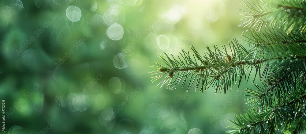Fototapete close-up of a pine tree branch against a green forest backdrop with copy space image.