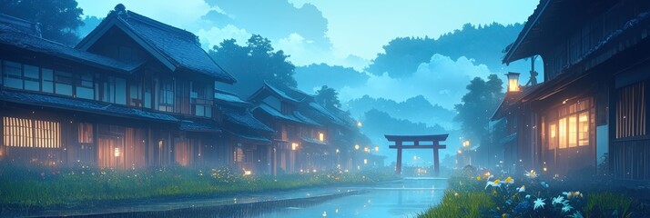 Tranquil Japanese Village at Dusk