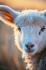 Obraz premium A tight shot of a sheep's face, sunlit, against a hazy backdrop