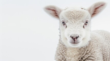 Fototapeta premium A tight shot of a sheep gazing at the camera against a pristine white backdrop