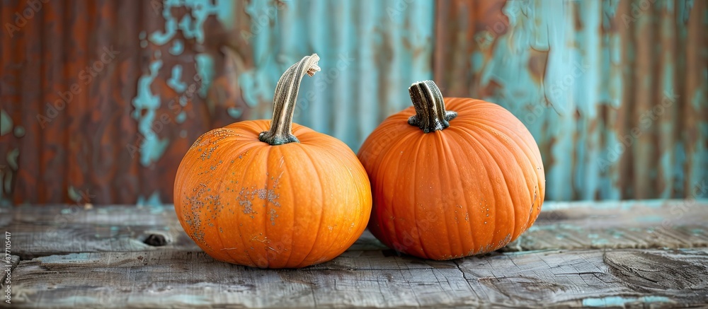 Poster two pumpkins in orange hues set against a rustic background with brown and blue tones, providing amp