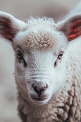 Obraz premium A sheep's face, in focus, sports a red mark on its ear Background softly blurred