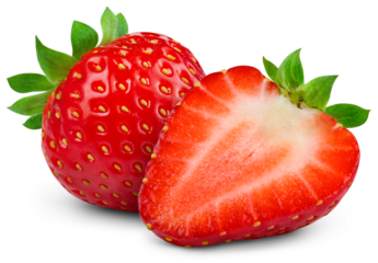 Strawberry isolated png. Strawberry with a half on transparent background. PNG format. Sliced strawberries with no background. Full depth of field.