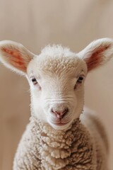 Obraz premium A sheep's face in close-up, gazing directly at the camera against a neutral backdrop Soft focus enhances the sheep's features