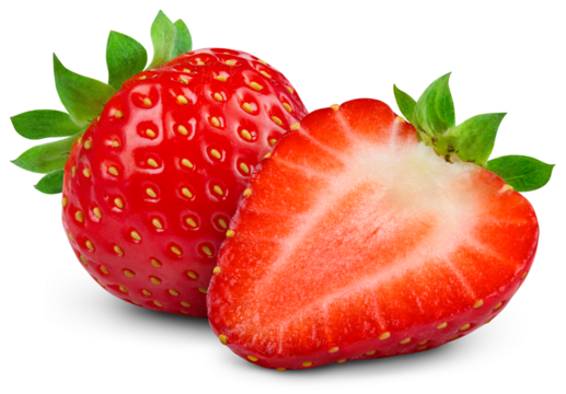Strawberry isolated png. Strawberry with a half on transparent background. PNG format. Sliced strawberries with no background. Full depth of field.