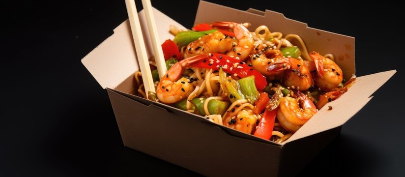 Studio-shot Asian noodles with shrimp and vegetables in a takeaway box with chopsticks surrounded by hot, spicy, tasty junk food on a grey background; the image includes copy space.