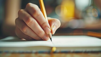 Individual takes notes with pencil in notebook blank area