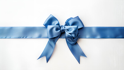 Blue satin ribbon and bow on white background, top view