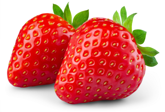 Strawberry on transparent background. PNG format. Strawberry isolated png. Two strawberries with no background. Full depth of field.
