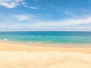 Empty tropical beach and seascape,Amazing sand on beach and blue summer sky background,Aerial view beach for travel background