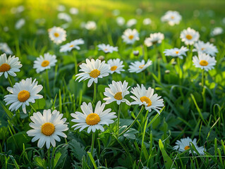 White Daisies Blooming in a Field of Green Grass on a Sunny Day