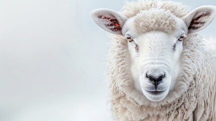  A tight shot of a sheep's face with a hazy sky behind