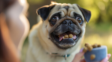 Pug dog eating from bowl