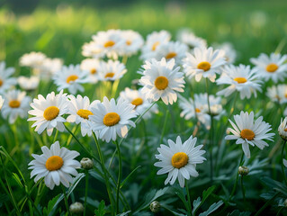 White Daisies Blooming in a Green Meadow at Sunset