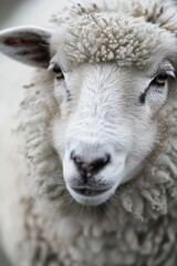  A tight shot of a sheep's expressive face, adorned with abundant wool around its eyes