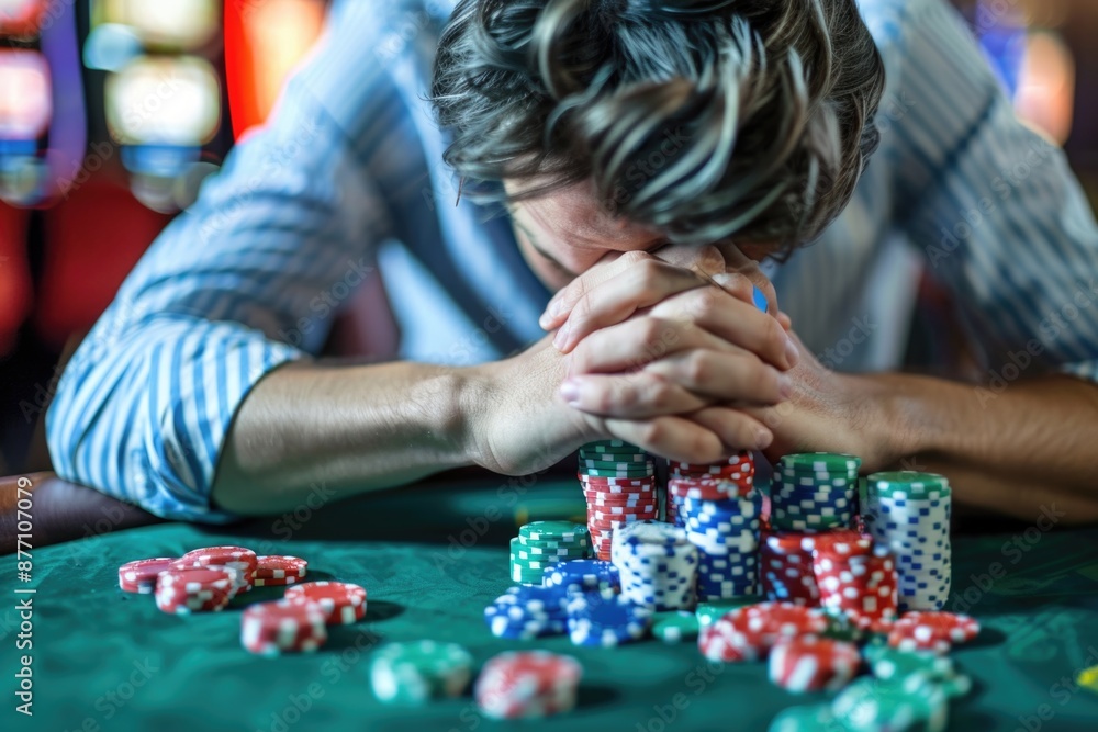 Poster man playing poker with a large stack of chips, suitable for use in financial or entertainment contex