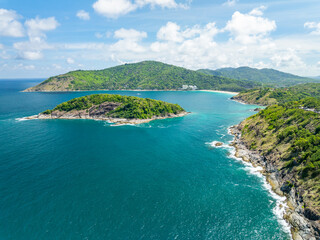 Obraz premium Amazing seascape view seashore and waves crashing on rocks,Aerial view beautiful sea in Phuket island Thailand