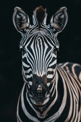 Fototapeta na wymiar A tight shot of a zebra's head showcases its black and white striped facial pattern