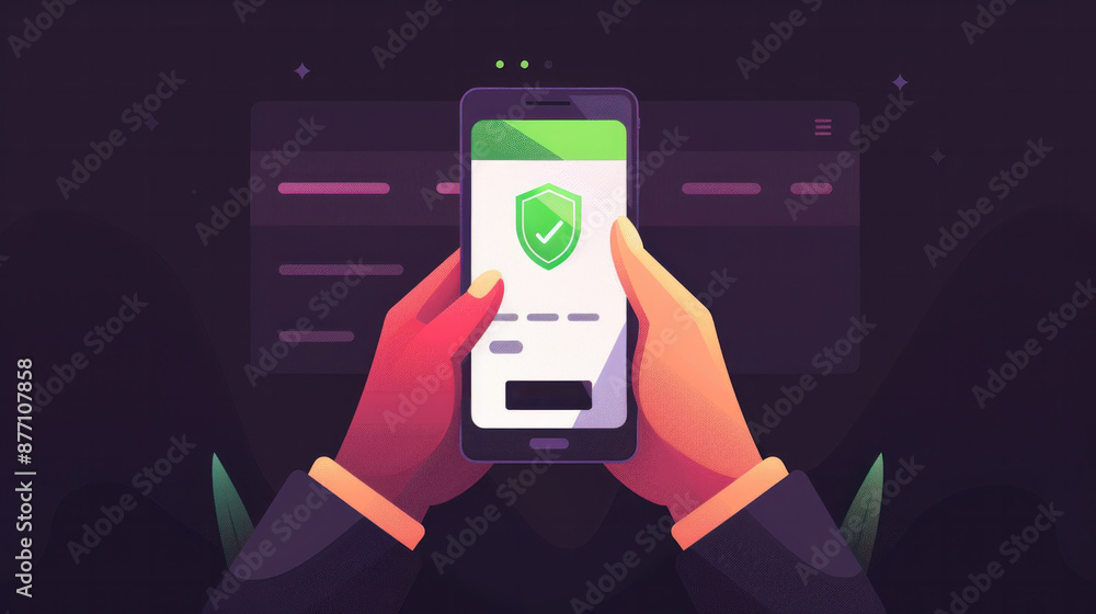 Poster a person holding a cell phone with a green shield on it. the shield is a security feature that prote