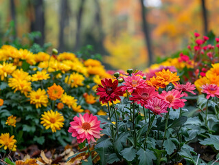 Obraz premium Vibrant Autumn Chrysanthemums Blooming in a Park