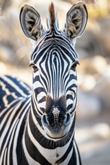 Naklejka premium A tight shot of a zebra's face, background blurred with rocks in the foreground