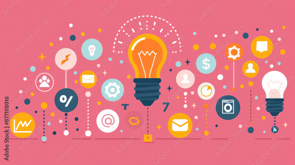 Poster a colorful image of a light bulb surrounded by various icons and symbols. concept of creativity and 