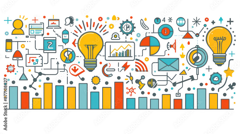 Aufkleber a colorful image of a light bulb with a bunch of other shapes and symbols surrounding it. concept of