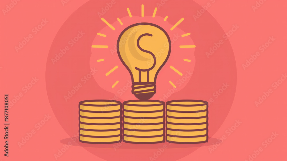 Poster a light bulb is lit up with a dollar sign on it. the image is of a stack of coins and a stack of bil