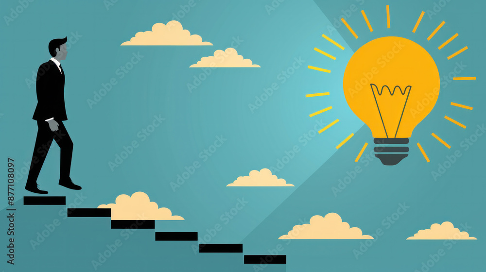 Poster a man is walking up a staircase with a light bulb in the background. the light bulb is glowing and h
