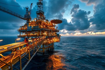 Vast oil and gas production platform at sunrise