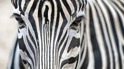 A tight shot of a zebra's face against a softly blurred backdrop of its stripes