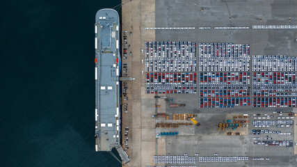 Aerial view of new car stock at distribution center automobile factory, Row of new car for sale in port, New car lined up import and export business logistic to dealership for sale.