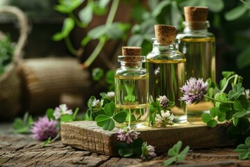 herbal essential oil bottles with clover and wild flowers