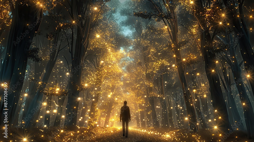 Poster a person walks through a magical forest illuminated by glowing lights, creating an enchanting and my