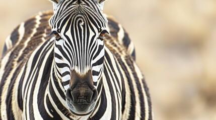 Naklejka premium A tight shot of a zebra's head and neck, surrounded by a blurred foreground
