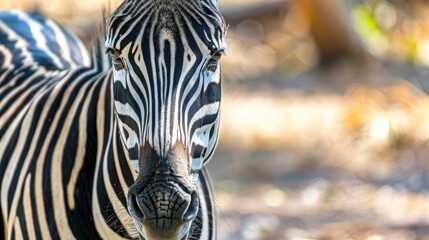 Naklejka premium A tight shot of a zebra's face against a hazy backdrop of grass and trees