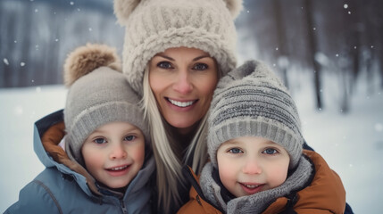Happy mother and two children family at ski resort in winter time with snow mountain background.