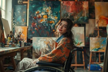 Fototapeta premium Female Artist in Wheelchair in Studio. A female artist in a wheelchair smiling in her art studio, surrounded by her colorful paintings and art supplies.