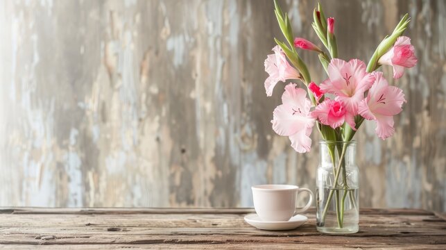 Pink gladiolus flowers in vase with pictures and cup on wooden table room with text space