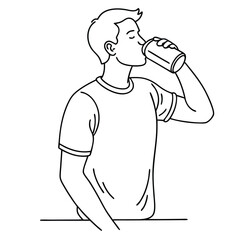 a man drinking from a soda can, line art vector illustration 