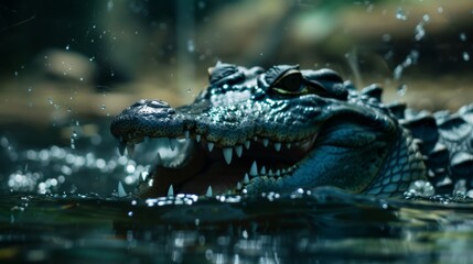 Fototapeta premium A tight shot of a crocodile in water, mouth agape, teeth visibly protruding beyond the surface