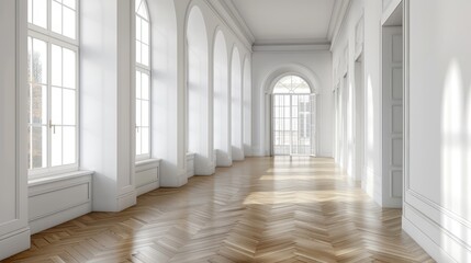 Bright spacious hallway interior with large arched windows, white walls, and wooden parquet flooring. Elegant and minimalist architectural design.