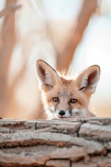 Fototapeta premium A tight shot of a small fox on a tree branch gazing at the camera, surrounded by an out-of-focus backdrop of trees