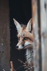  A tight shot of a fox peering from a hole in a wooden barrier, surrounded by a fence in the background