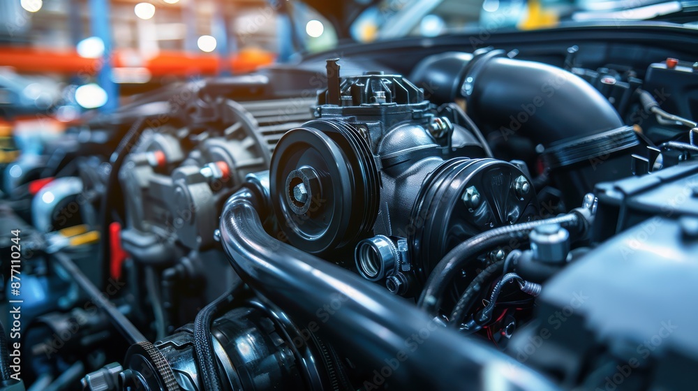 Poster close-up of a car engine, highlighting intricate machinery and components in a factory setting. perf