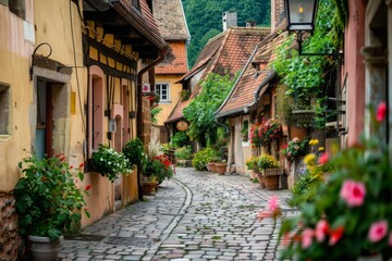 Fototapeta premium Charming Cobblestone Street in a Quaint European Village