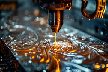High-angle view of a computer numerical control (CNC) machining center carving intricate patterns into a metal block with coolant spraying, cinematic, stock photo 