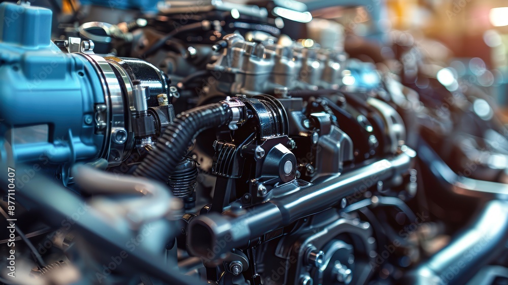 Poster close-up of a complex mechanical engine in a workshop, showcasing intricate details and components.