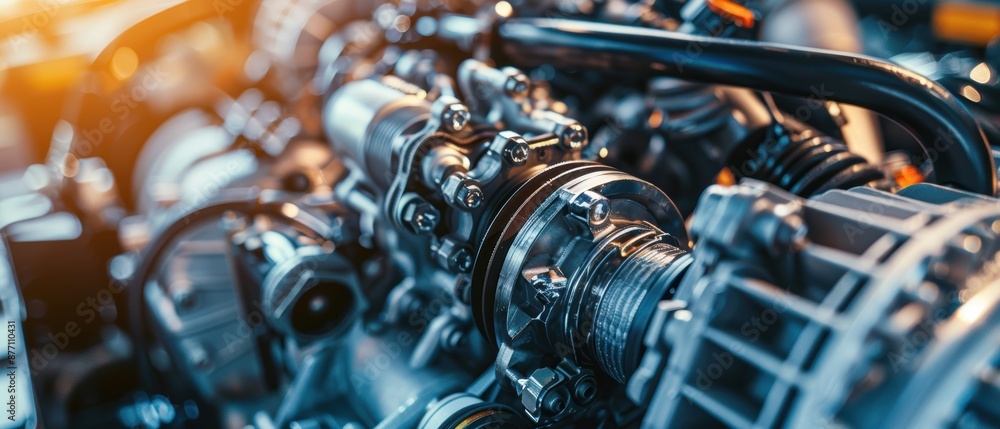 Poster close-up of a complex mechanical engine with gears and components, showcasing the intricate details 